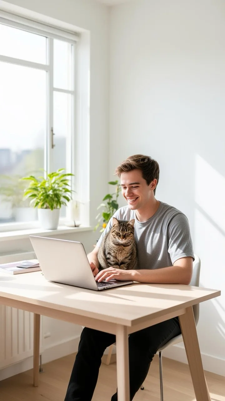 A smiling man working on a laptop in a bright, sunlit home office with a tabby cat beside him