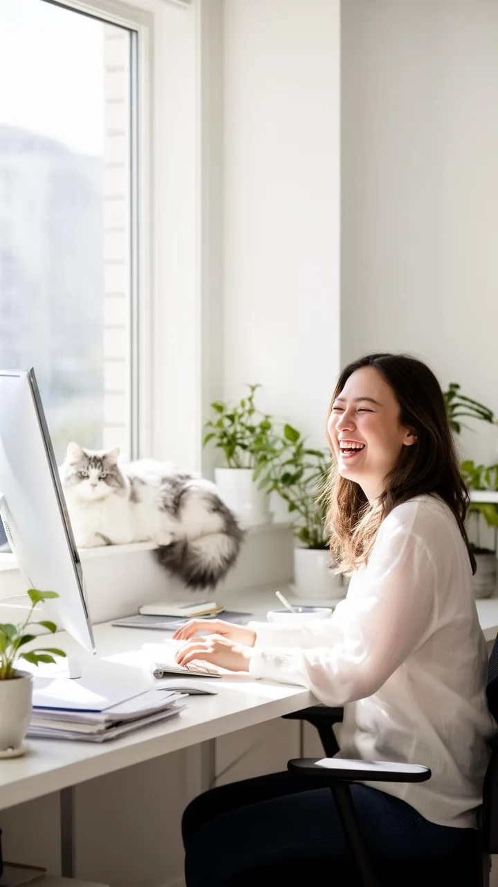 A laughing woman working at a computer in a different bright home office with a fluffy cat on the windowsill