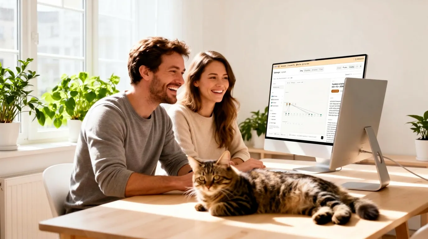 A man and a woman smiling together in a sunlit home office, the CatWrangler decision map open on the monitor while a tabby cat lounges on the desk