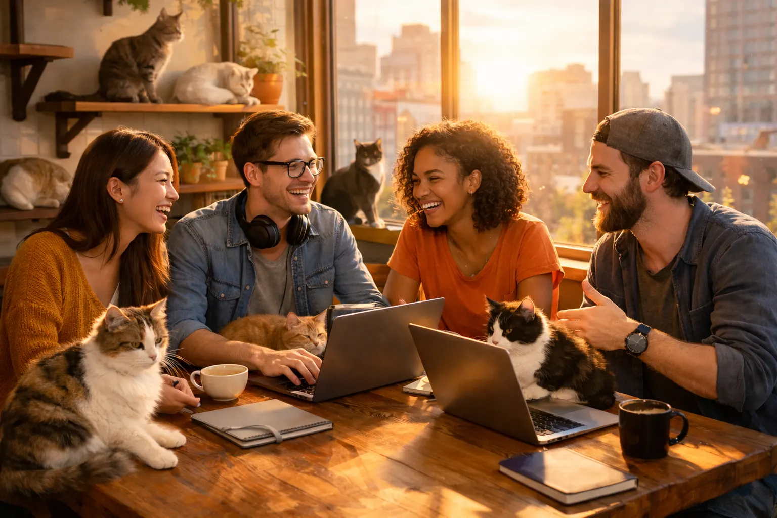 Four friends at a sunlit table covered in cats and laptops, mid-laughter