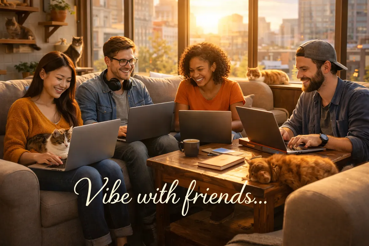 Four friends on a couch, each on their own laptop, cat on lap, golden hour