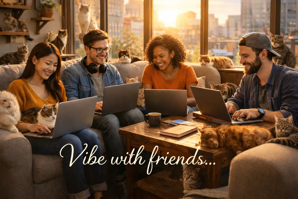 A sofa absolutely overrun with cats and four humans on laptops