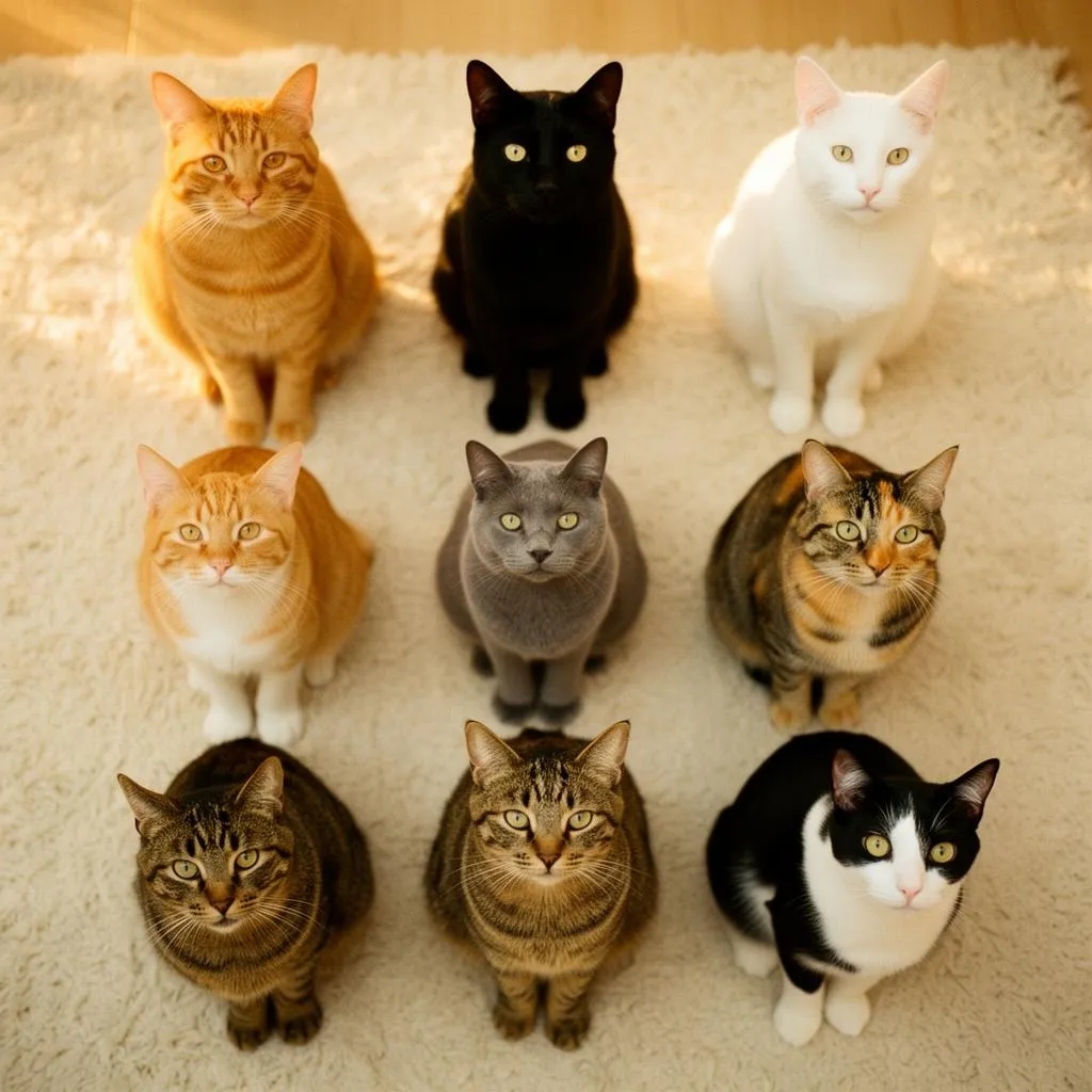 A 3x3 grid of nine attentive cats sitting in neat rows, all looking up at the camera