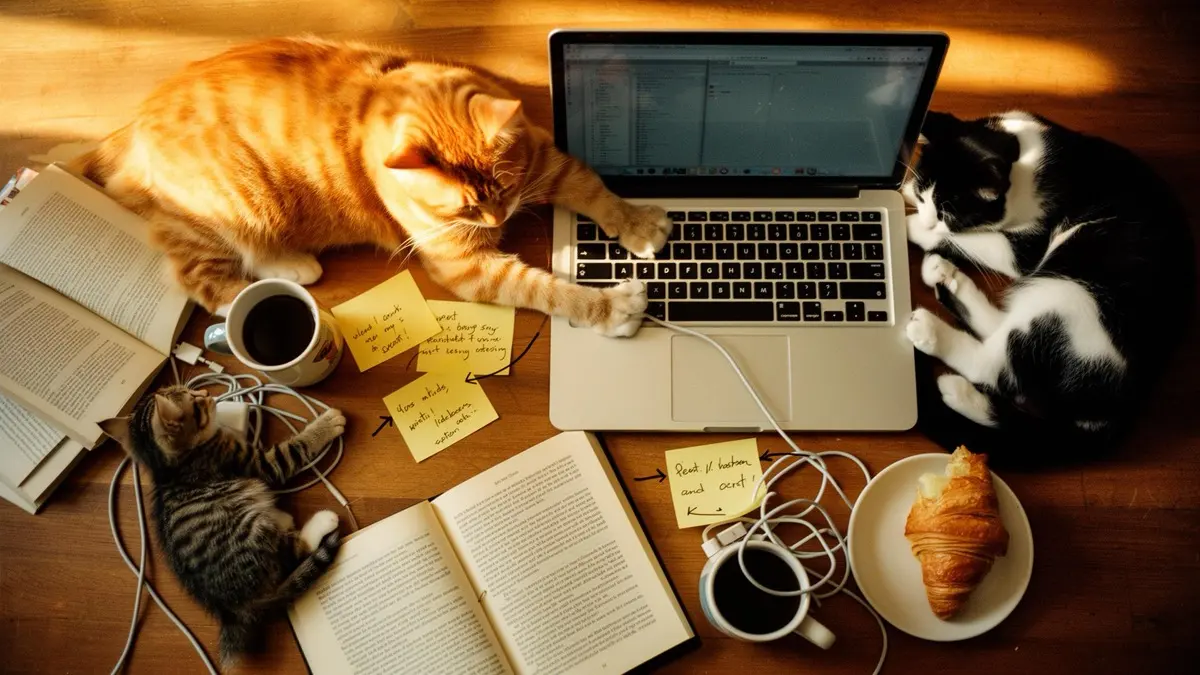 Overhead view of a chaotic desk: laptops, three cats, sticky notes with arrows