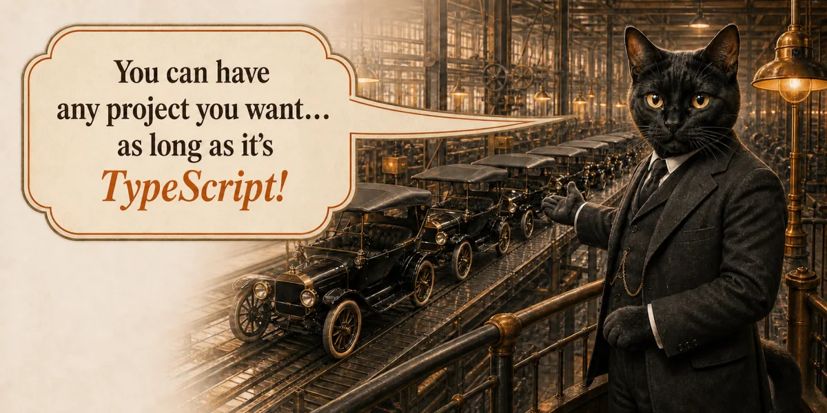 A CatWrangler cat industrialist presenting a TypeScript assembly line