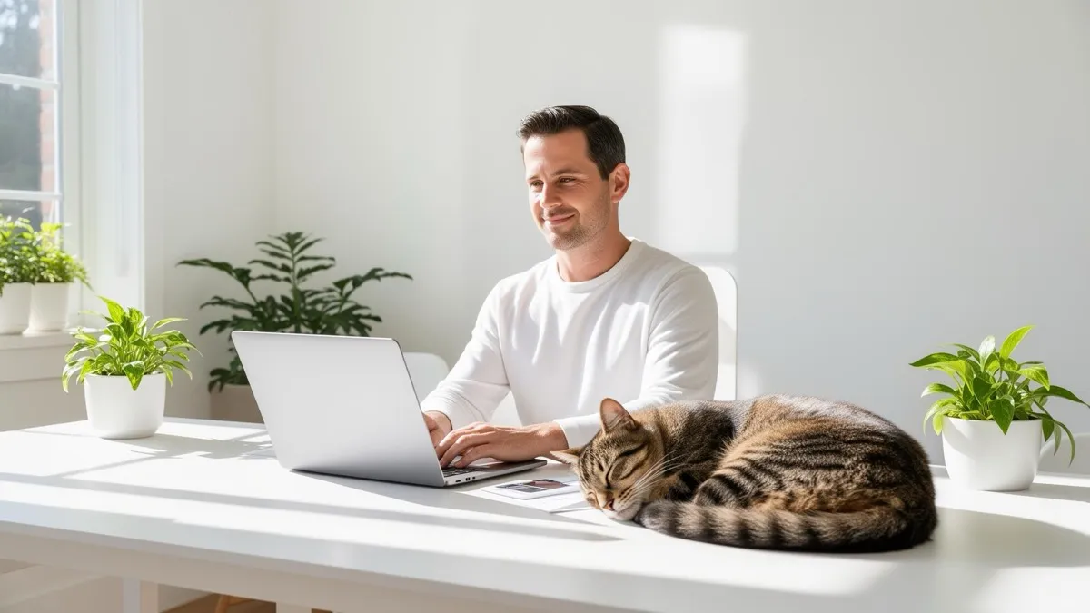 A calm, confident founder working on a laptop in a bright sunlit home office with a cat asleep on the desk