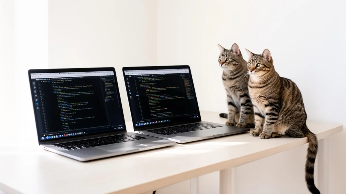 Two laptops showing code side by side with two attentive cats supervising on a bright desk