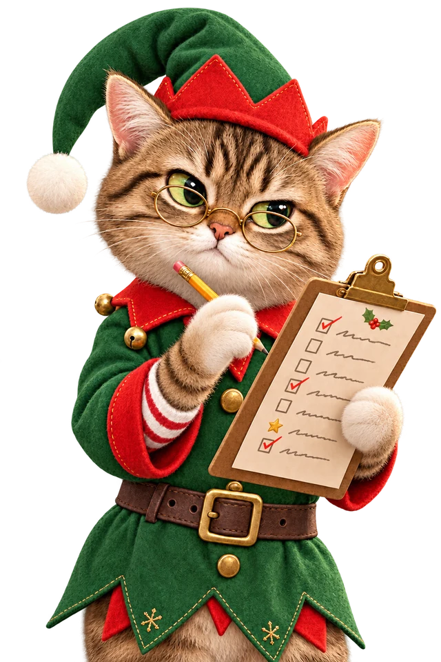 An elf cat reviewing a wishlist on a clipboard